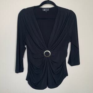 Y2K Black Slinky Blouse Knit Ring Ruched Bust Sz XL